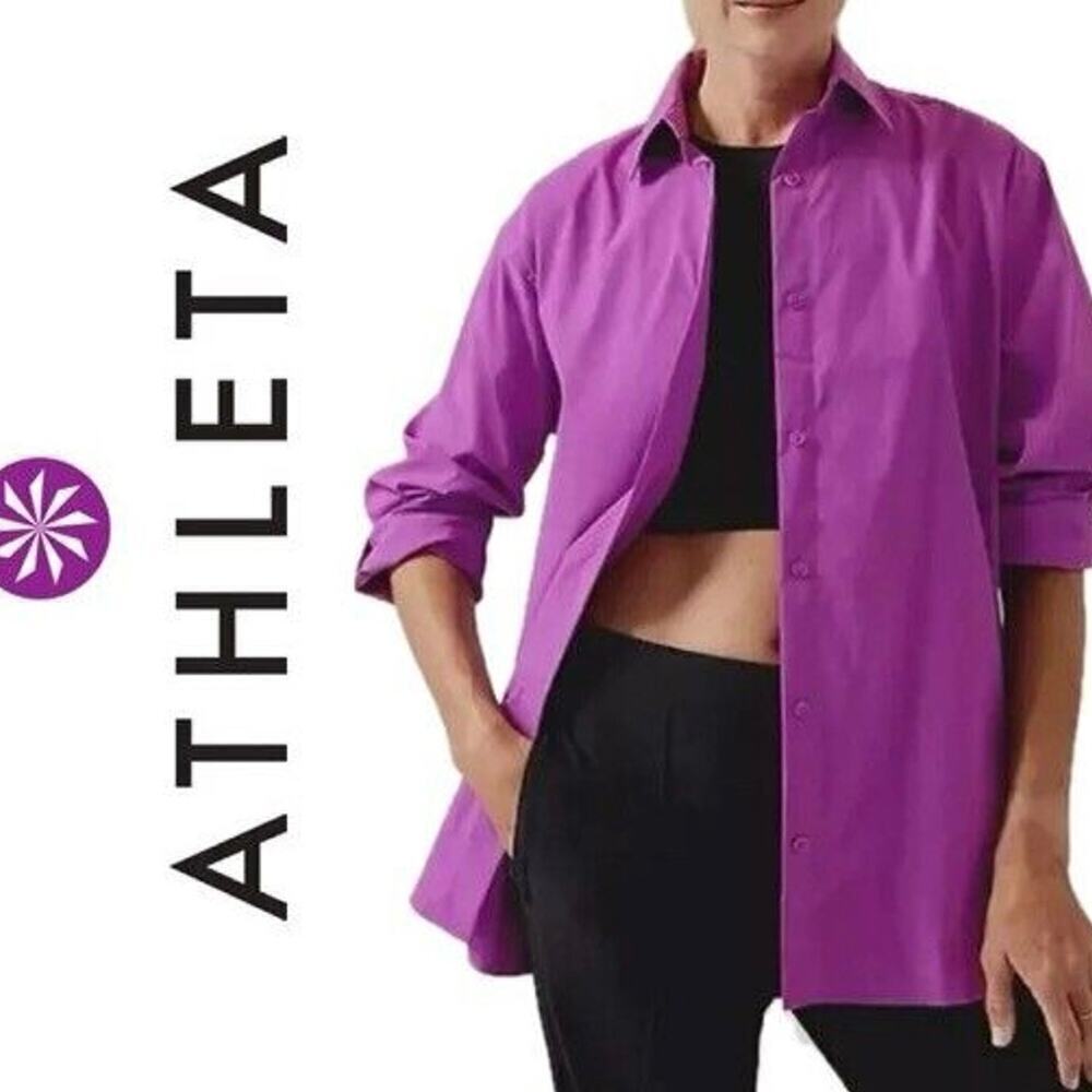 ATHLETA BLOUSE‎ OVERSIZED POPLIN STRETCH  JAZZY PURPLE RELAXED PERFORMANCE Sz M